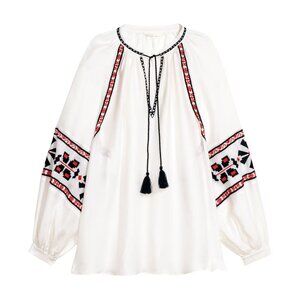 H&M White Relaxed Blouse with Embroidered Details